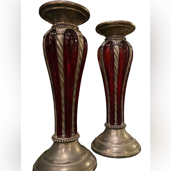 Vintage Red Glass and Silver Plated Candle Holders - Picture 1 of 3